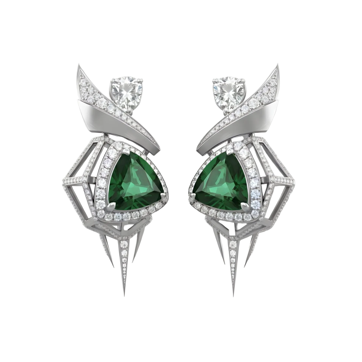 Emerald Geometry: Platinum Earclips with Trillion-Cut Emeralds & Diamonds
